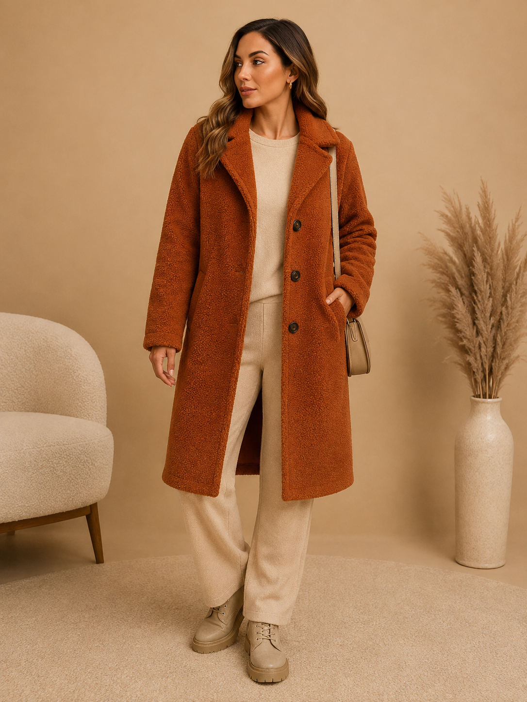 Women's rust brown teddy long coat with button closure and lapel collar