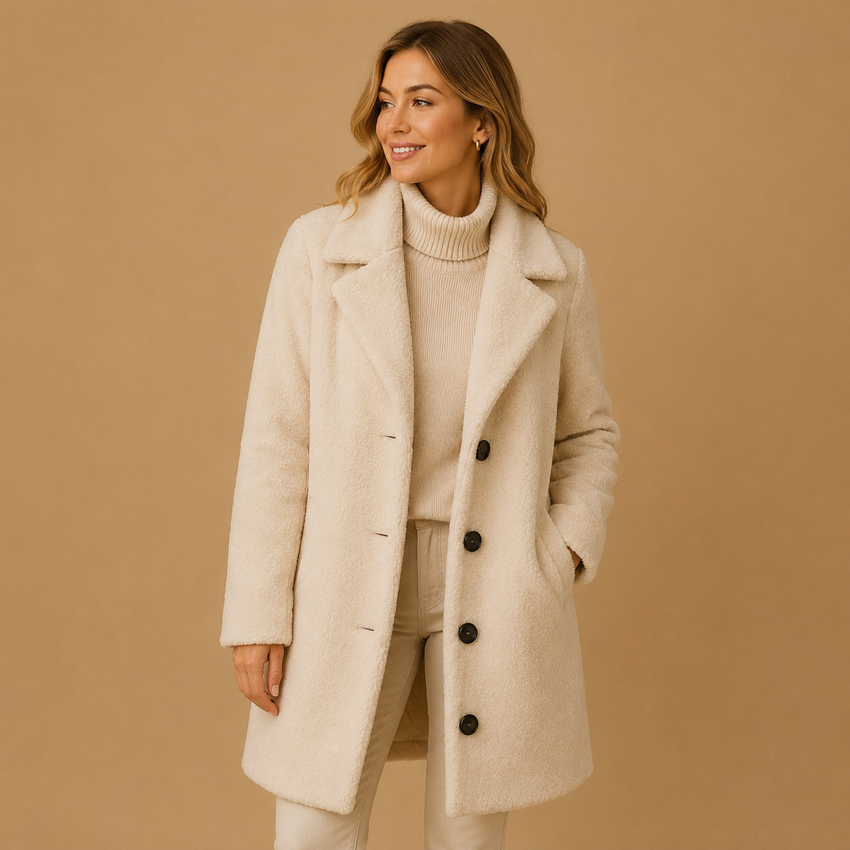 Women's white teddy long coat with button closure and long silhouette