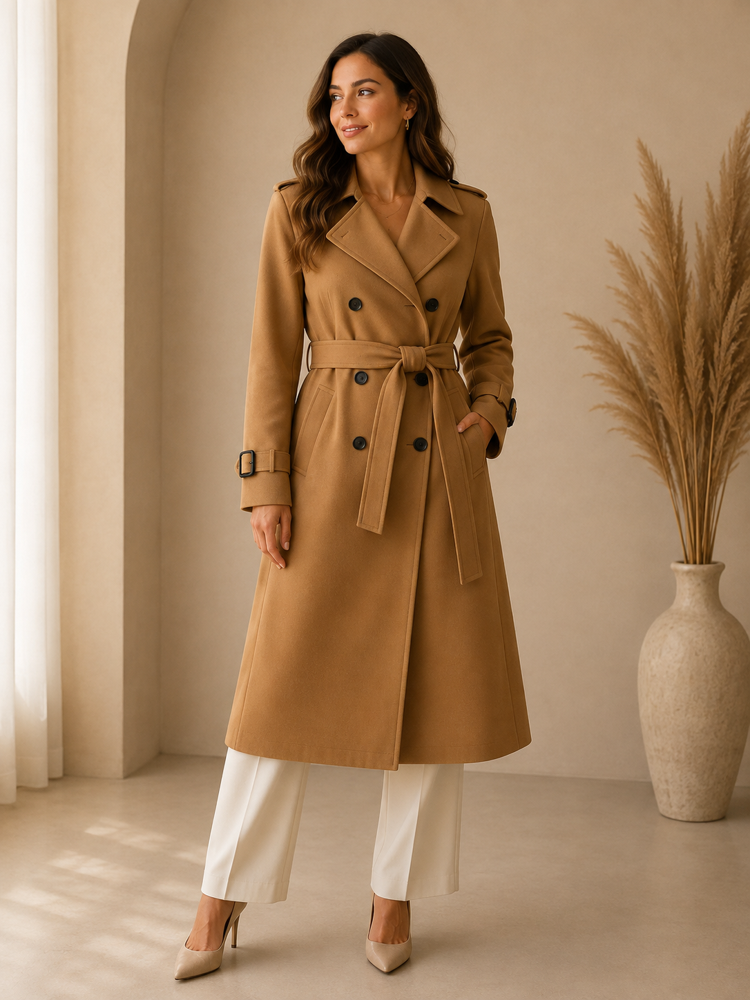 Khaki tailored winter coat double breasted women