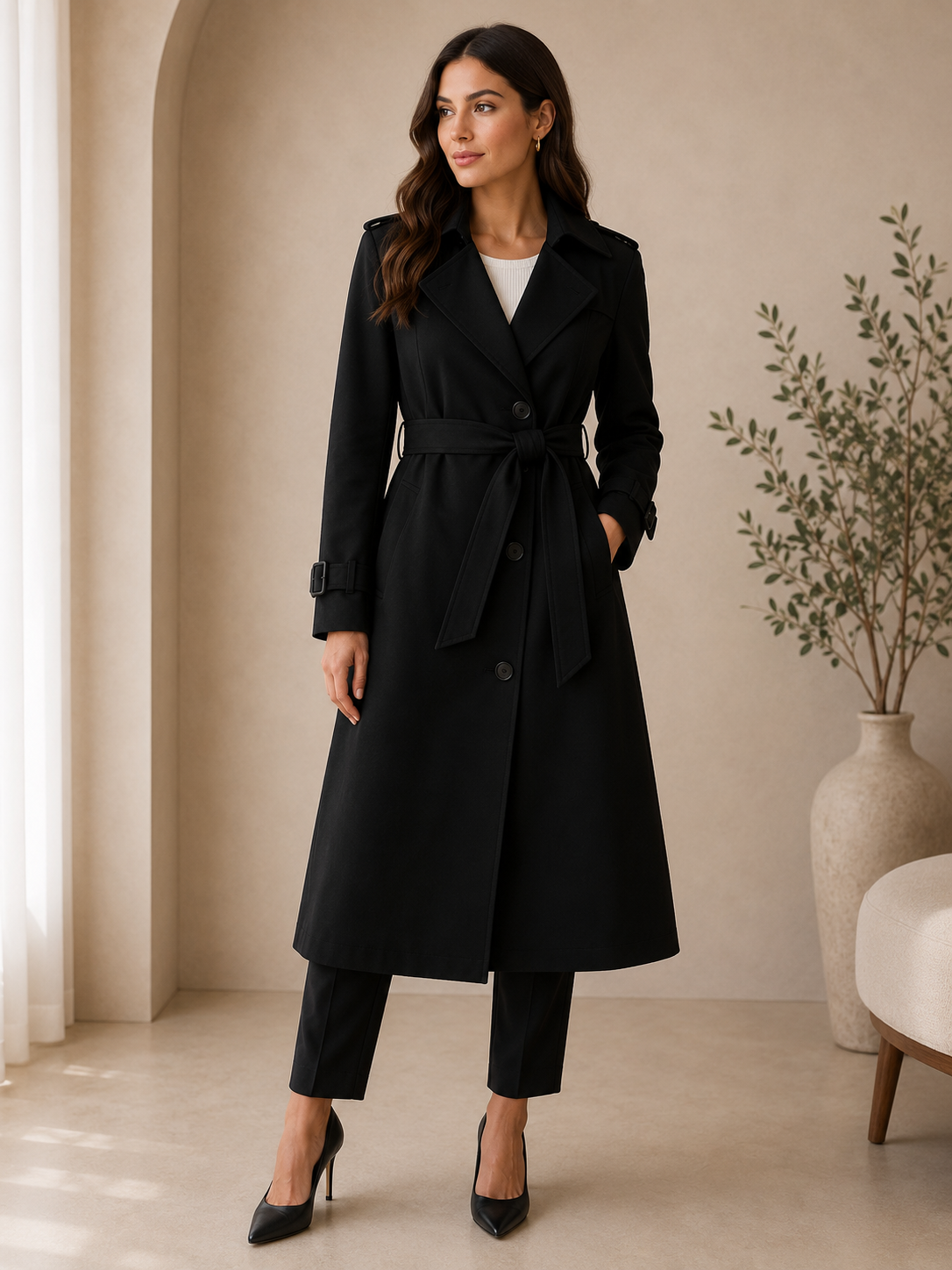Black tailored winter coat double breasted women