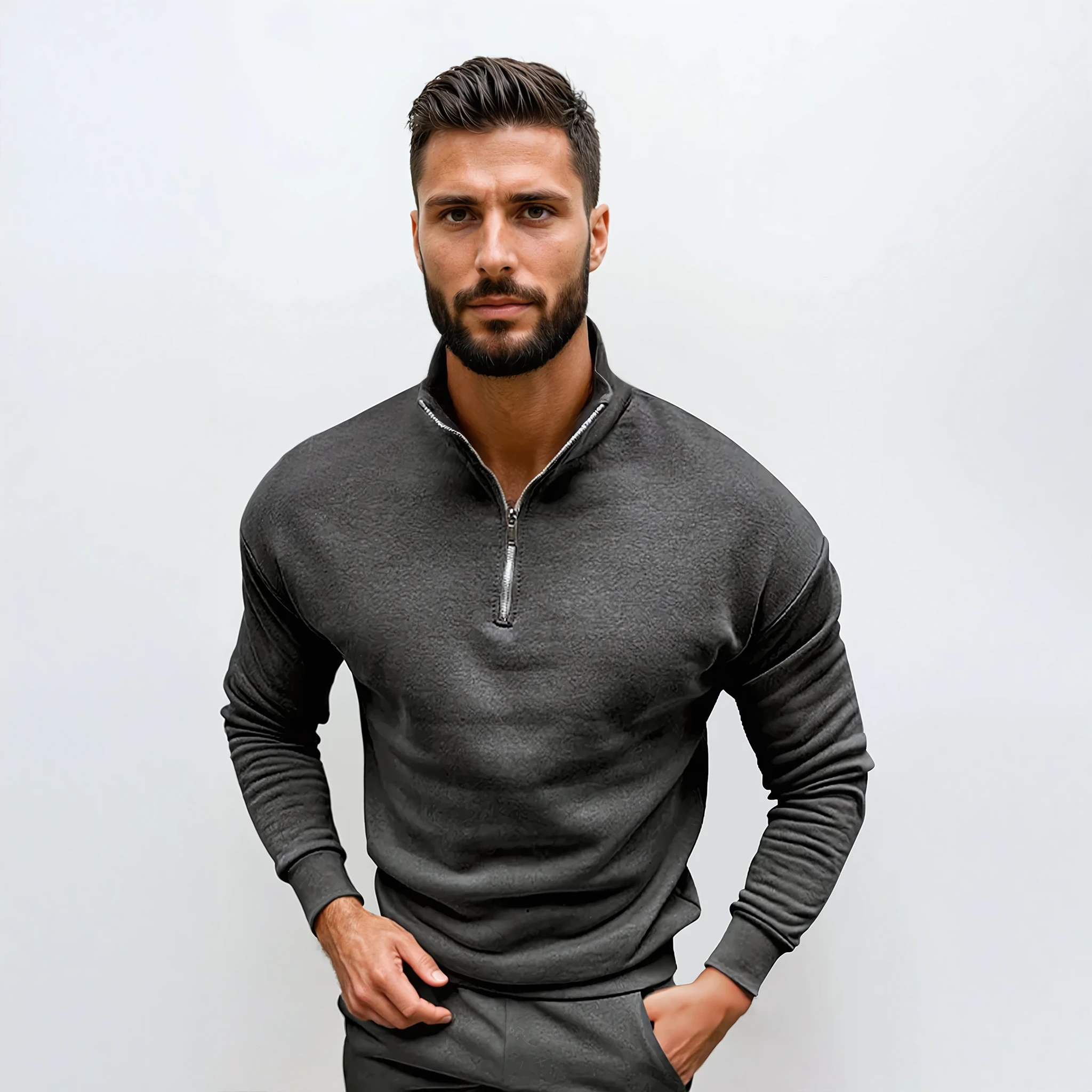 Long-sleeve men's knitted sweater featuring a half-zip neckline