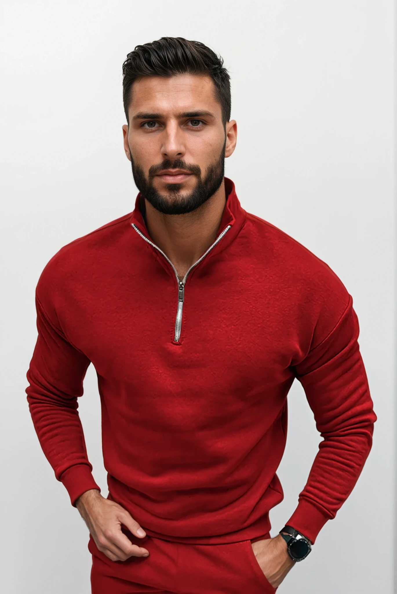 Knitted long-sleeve half-zip sweater for men with stand-up collar