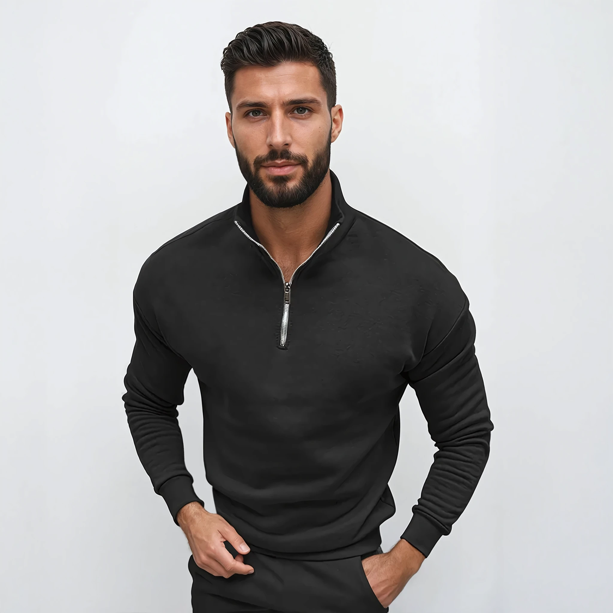 Men's regular-fit knitted half-zip sweater with clean-finish hem