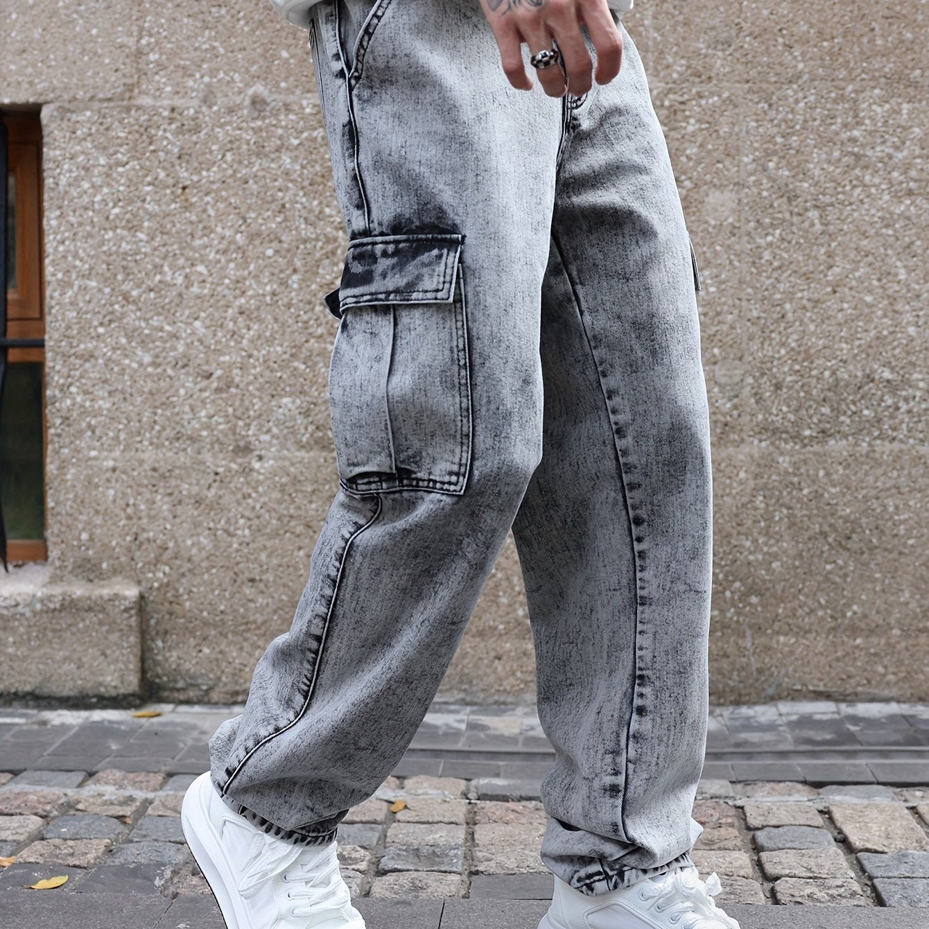 Lösa Cargo Jeans för Män – Hållbar Denim med Flera Fickor, Avslappnad Passform och Hel Längd