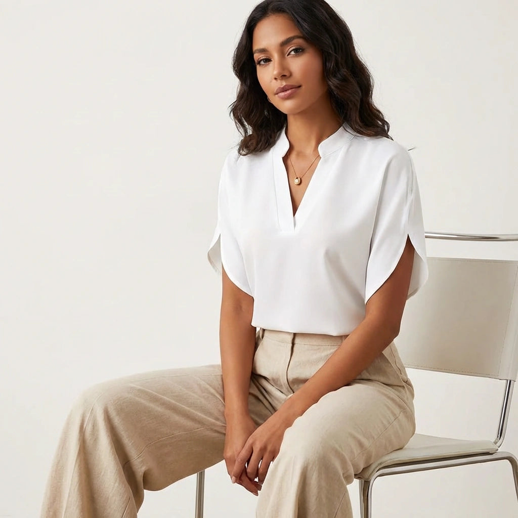 Women's short-sleeved V-neck blouse with relaxed silhouette and straight hem