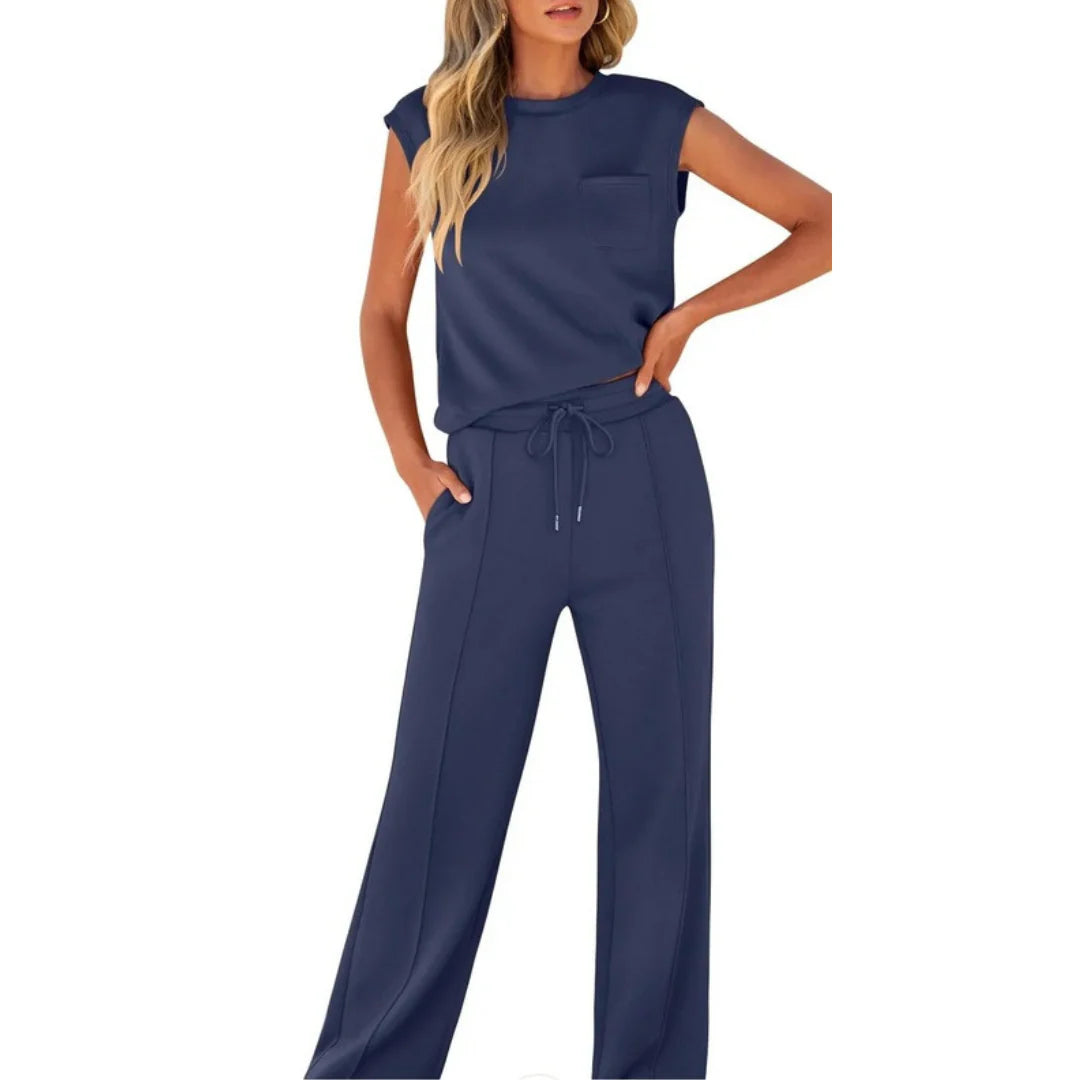 Women's casual two-piece set with sleeveless tank and straight-leg lounge trousers