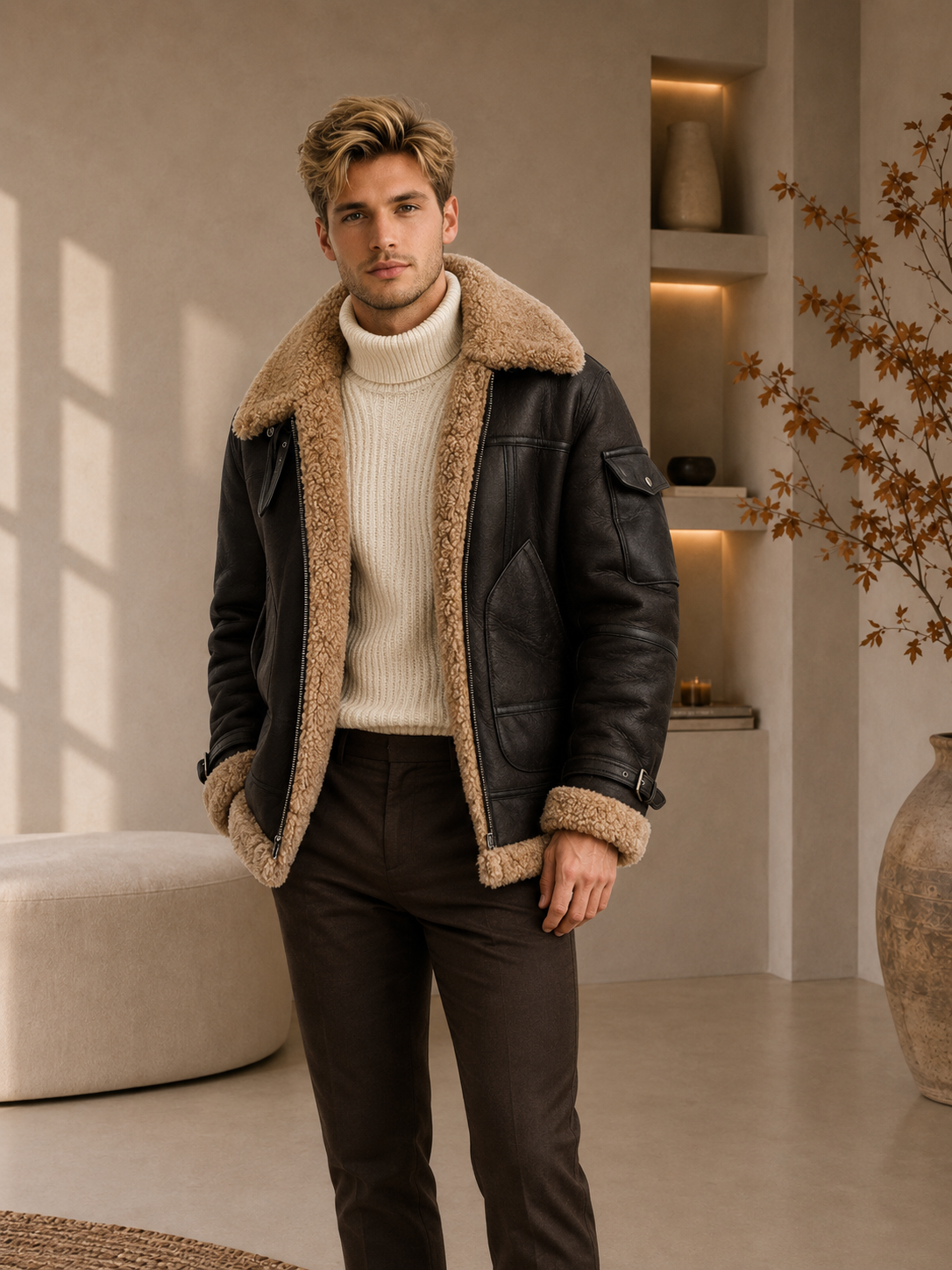 Men's black aviator jacket with faux fur lining