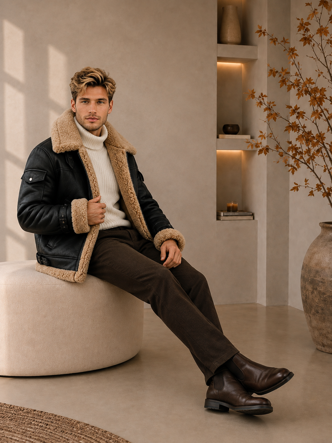 Men's black aviator jacket with faux fur lining front view