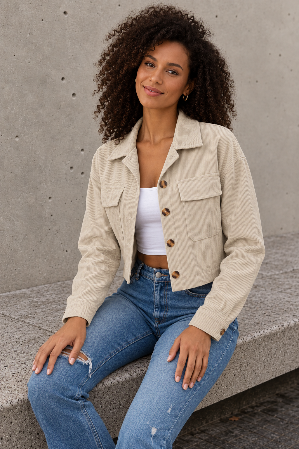 Women's khaki corduroy jacket front view with chest pockets