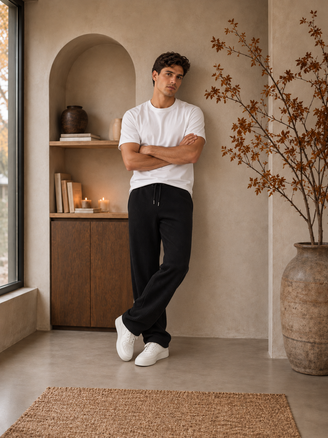 Men's full-length ribbed trousers with drawstring waist and pull-on design