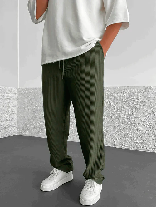 Men's everyday trousers with ribbed texture, drawstring waist, and relaxed silhouette