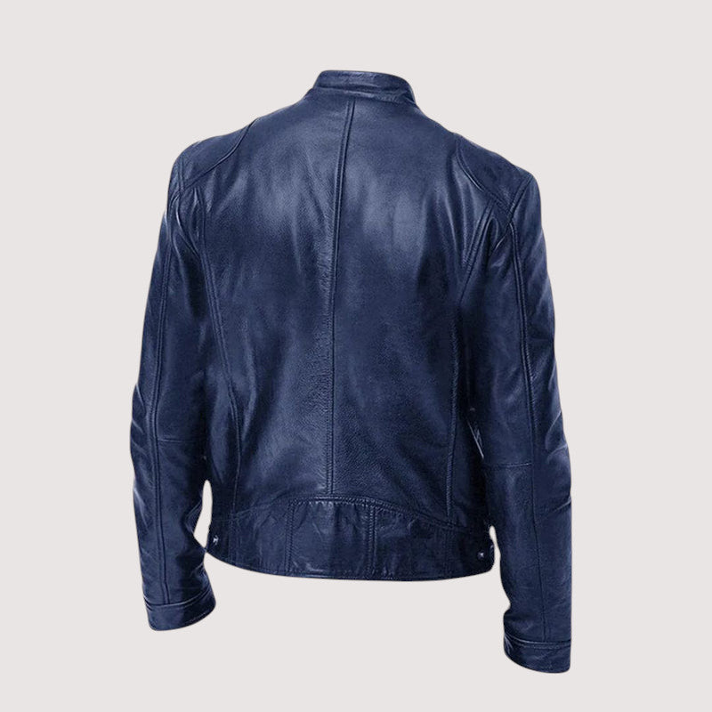 Men's form-fitting leather jacket with panel construction and long sleeves