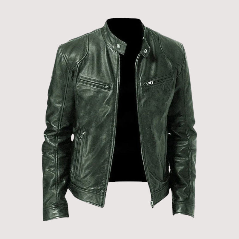 Men's zip-up leather jacket with form-fitting silhouette and long sleeves
