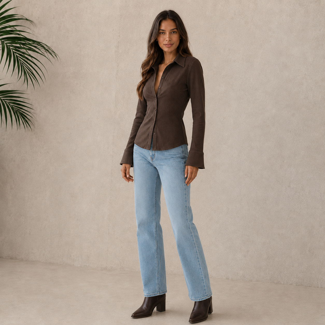Back view of women's brown long sleeve fitted shirt