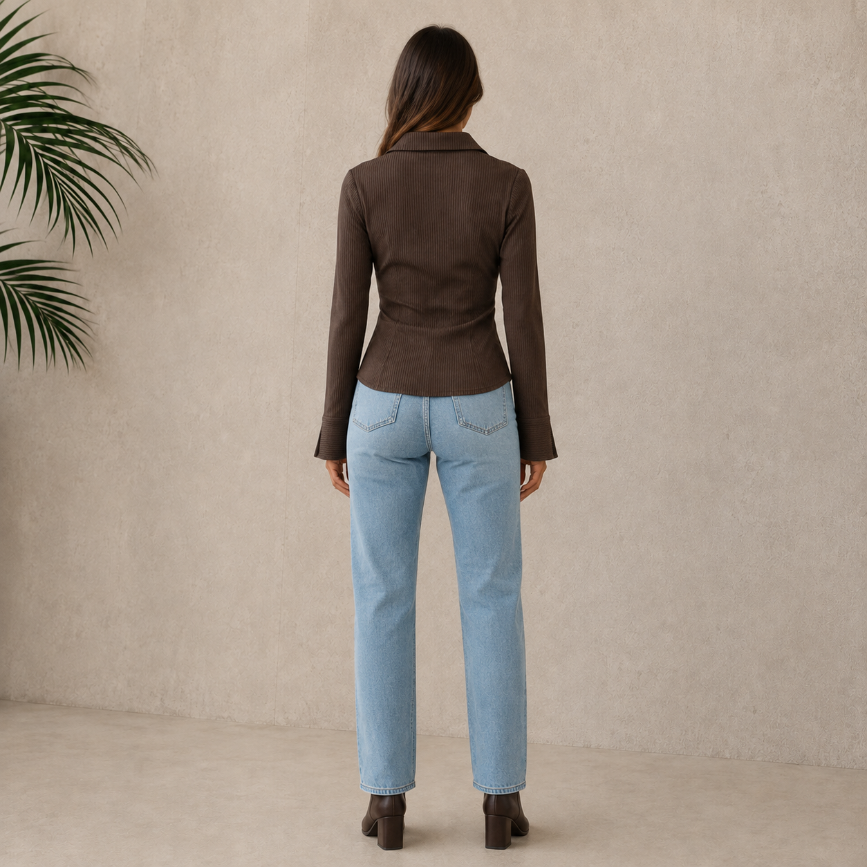 Women's brown button-down shirt styled with black pants