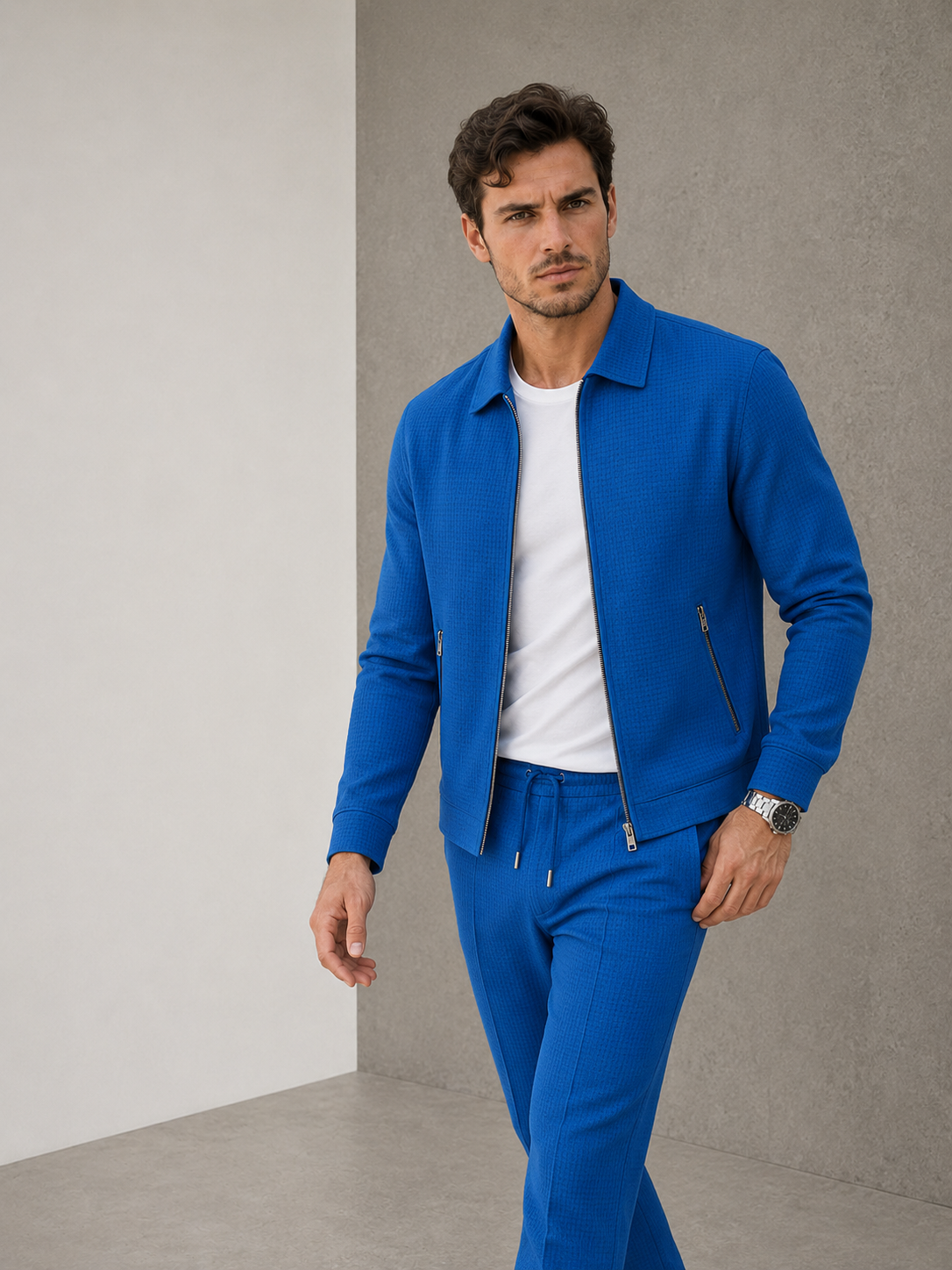 Men's blue waffle matching set with zip jacket and trousers