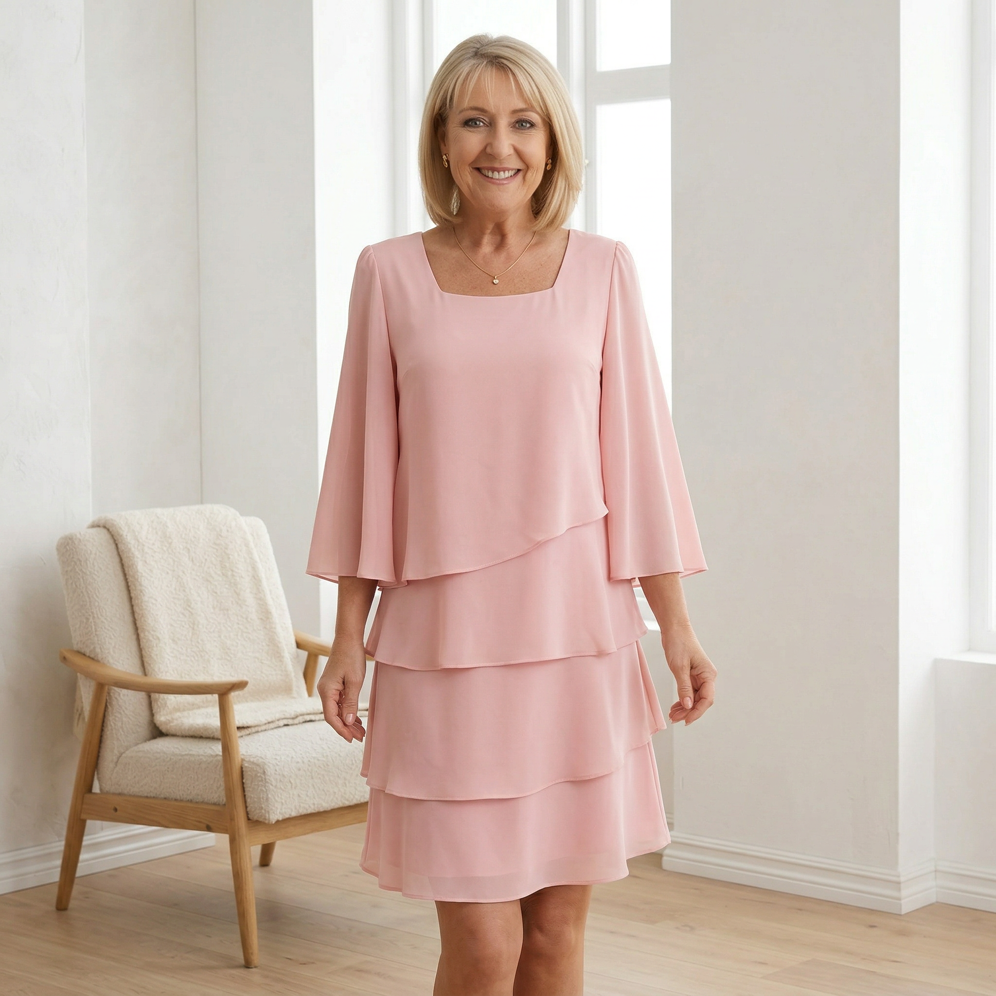 Lagerklänning i chiffong med rund halsringning och flödande ärmar, knälängd dam