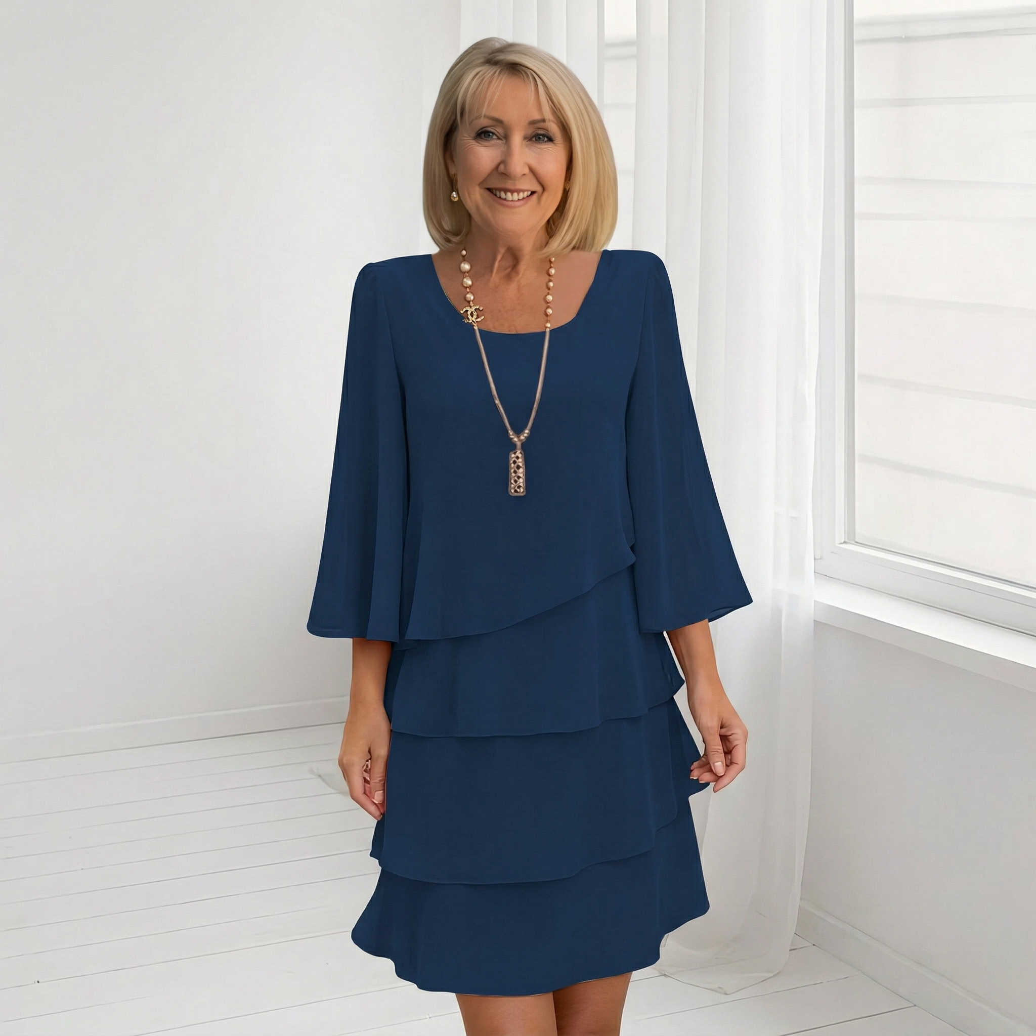 Relaxed-fit layered chiffon dress for women with round neckline and tiered knee-length skirt