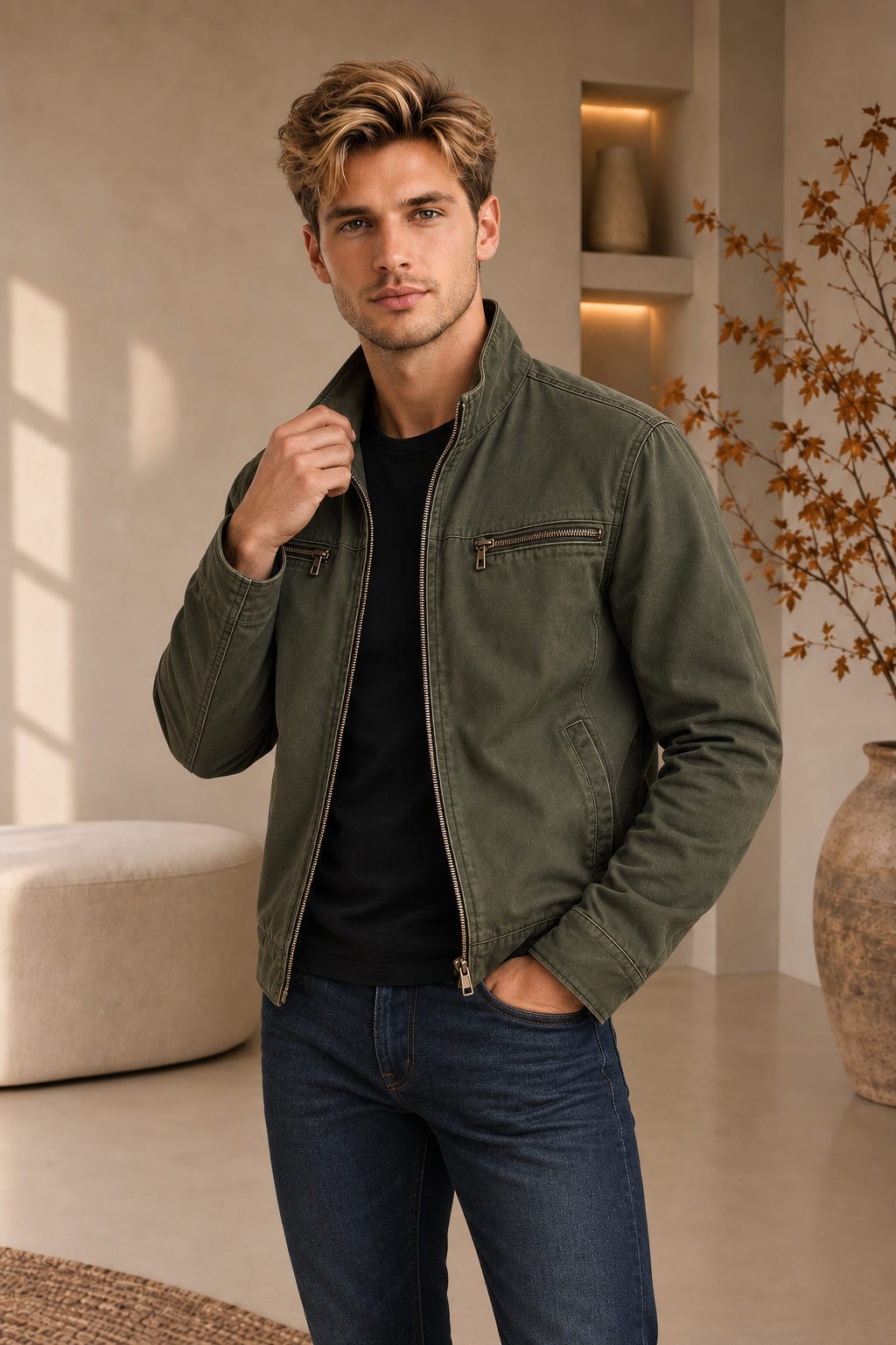 Men's olive zip-up jacket worn open, hand at the collar, with dark jeans