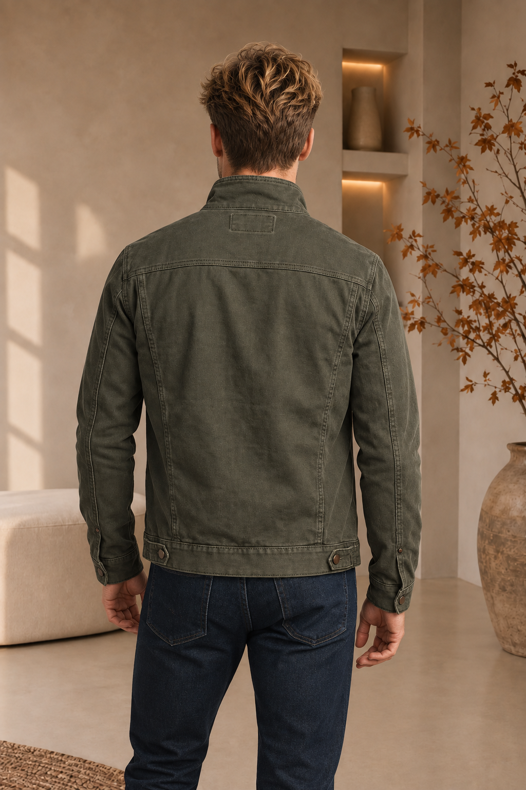Men's olive washed jacket with back yoke, panel seams and button hem tabs, back view