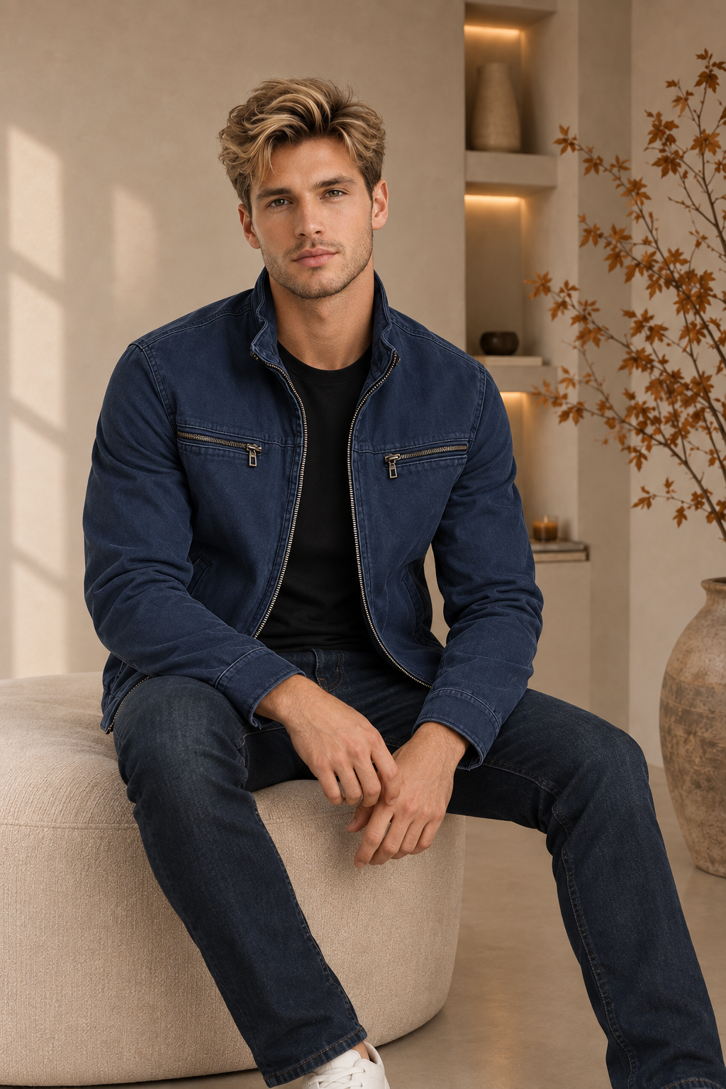 Men's indigo blue zip-up jacket with zipped chest pockets, seated front view