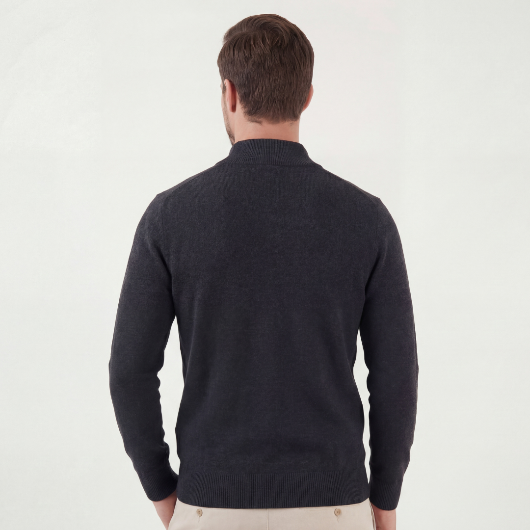 Men's gray half-zip sweater back view