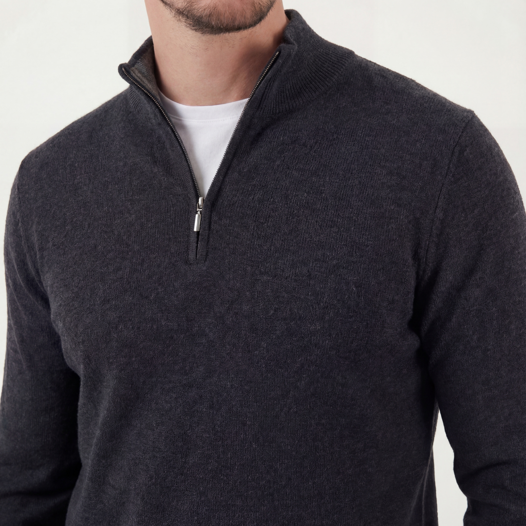 Close-up of men's gray half-zip sweater stand collar and zipper
