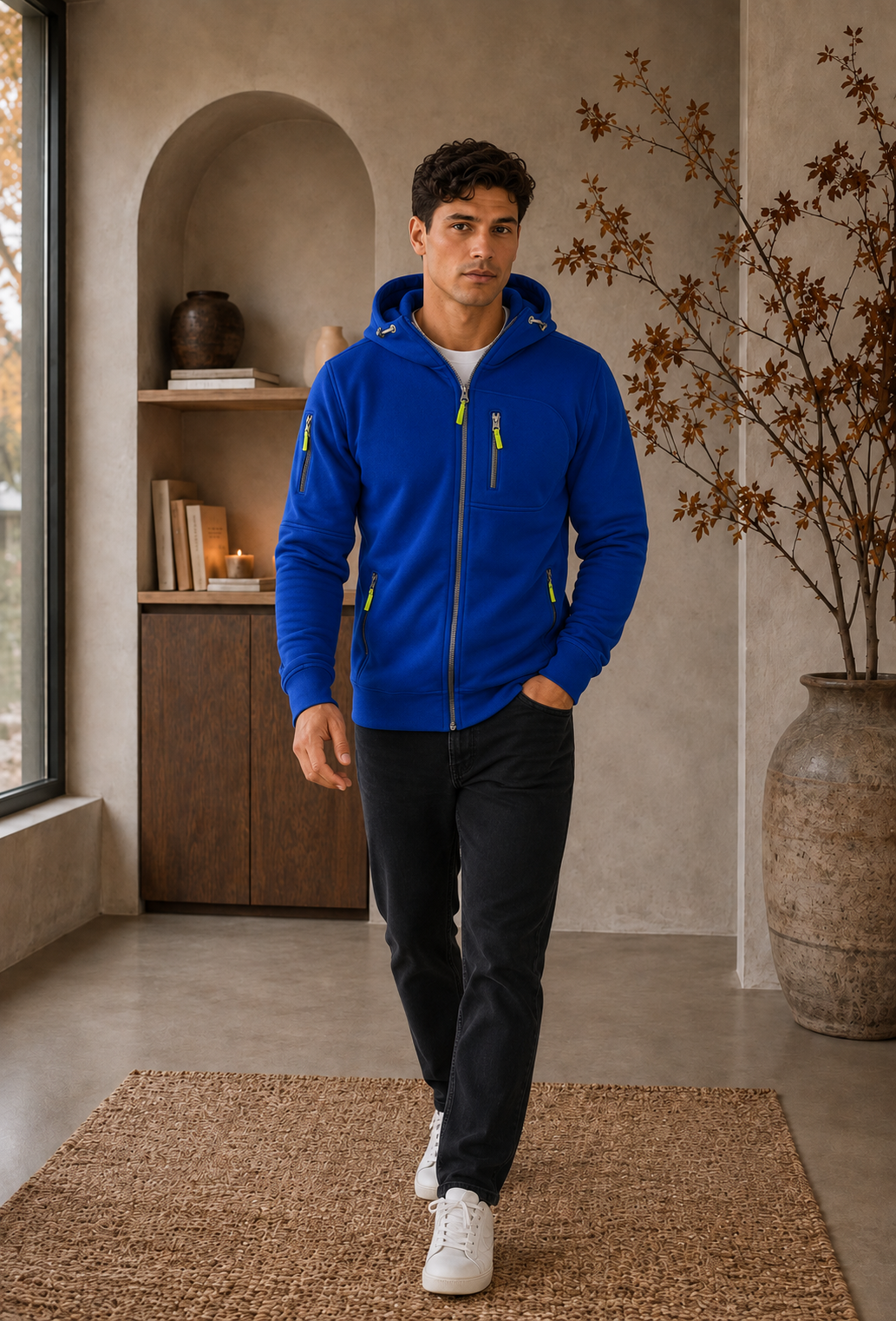 Men's blue zip-up hoodie with hood and front pockets
