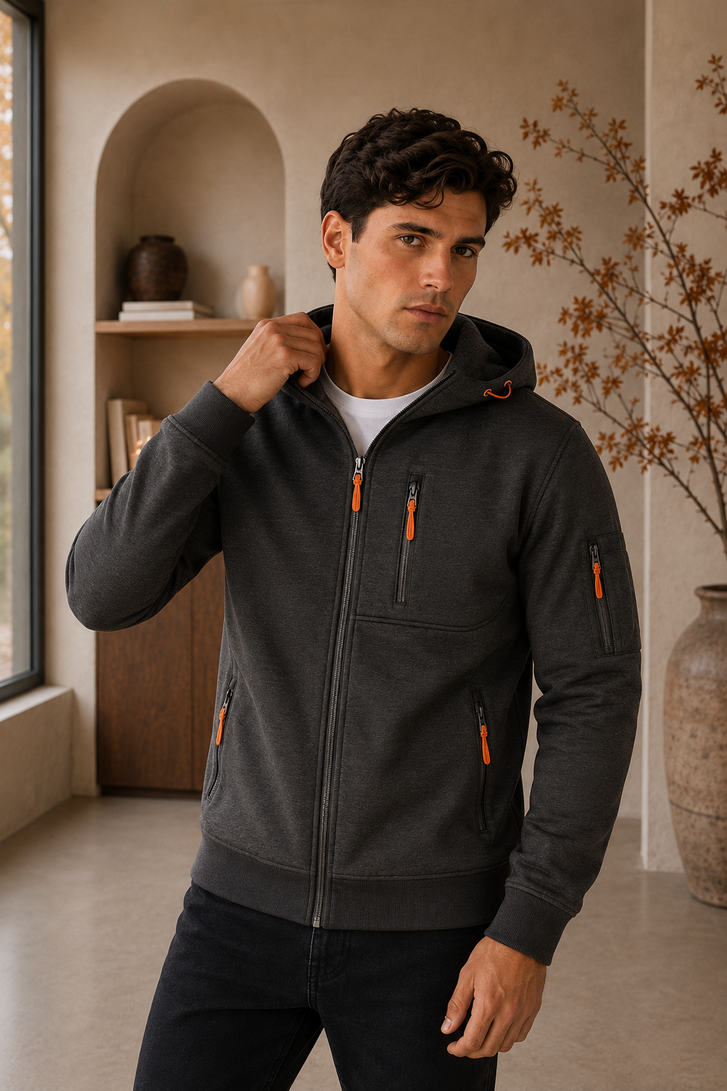 Men's dark gray zip-up hoodie with hood and front pockets