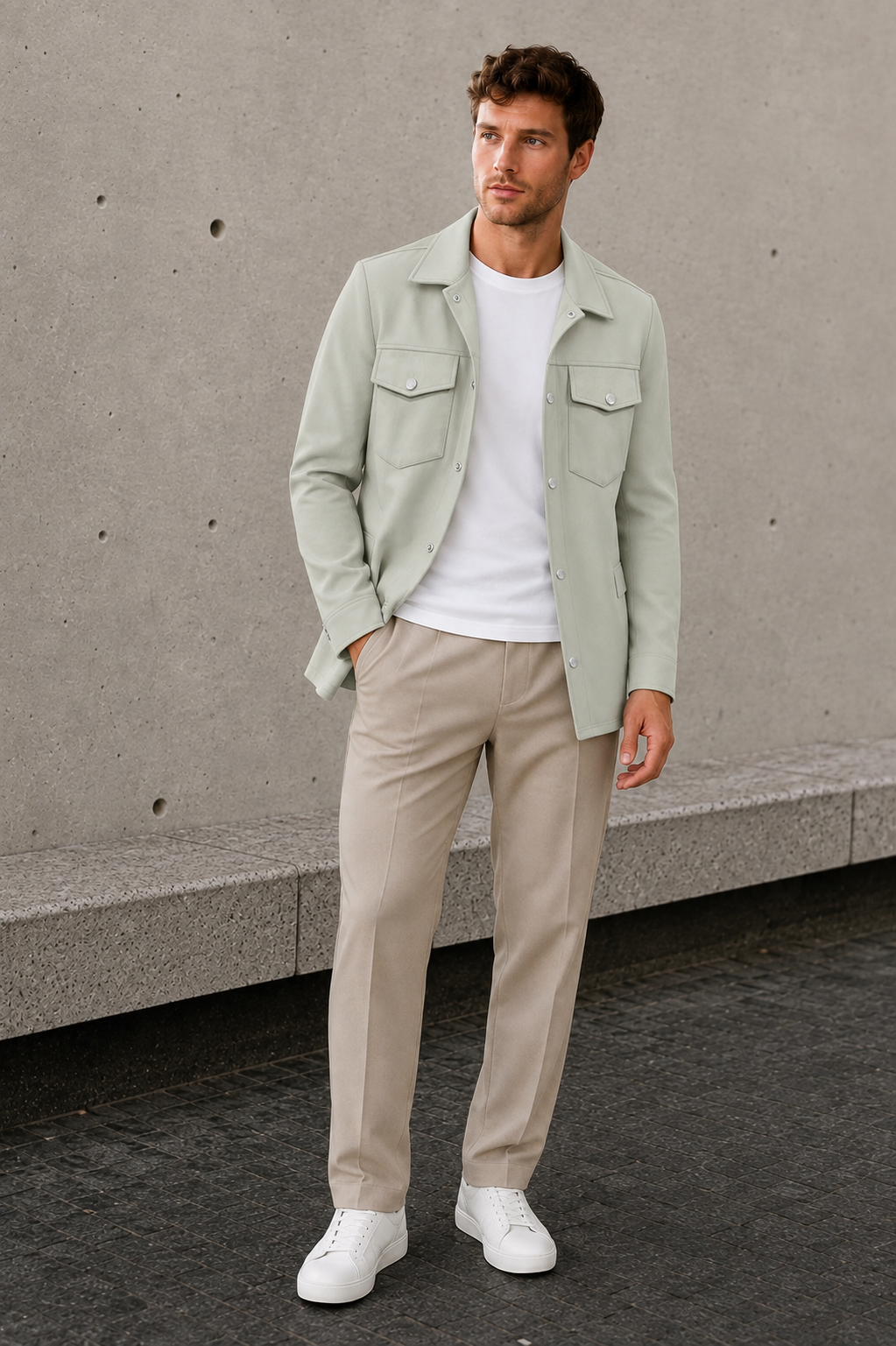 Men’s light green casual shirt jacket with double flap chest pockets