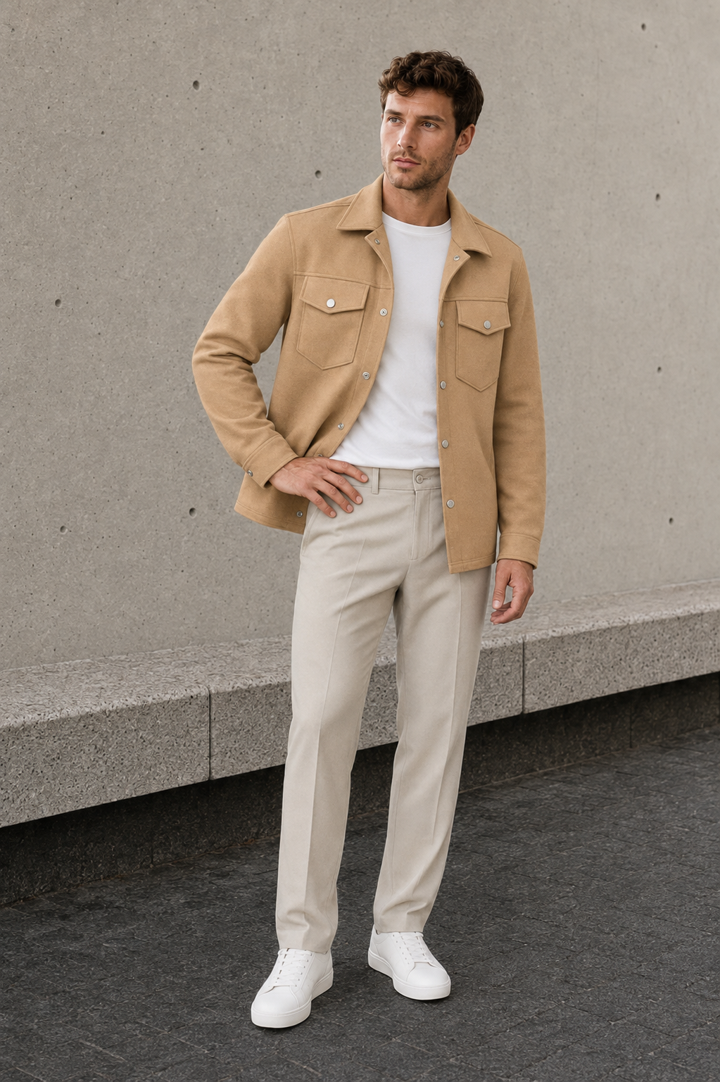 Men’s khaki casual shirt jacket with snap button closure