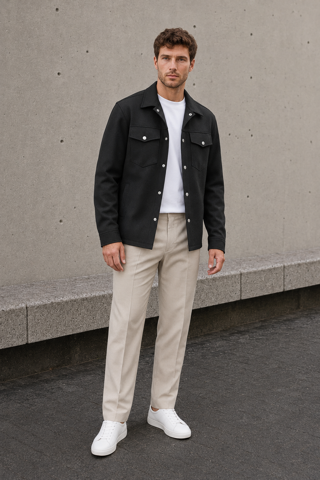 Men’s black casual shirt jacket with double chest pockets