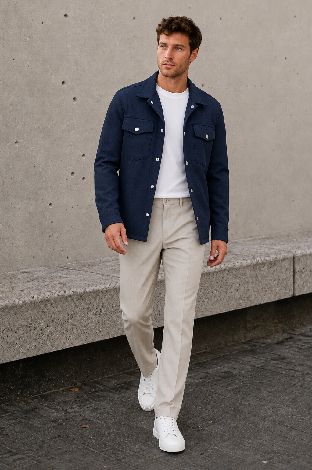 Men’s navy blue shirt jacket with spread collar and chest pockets
