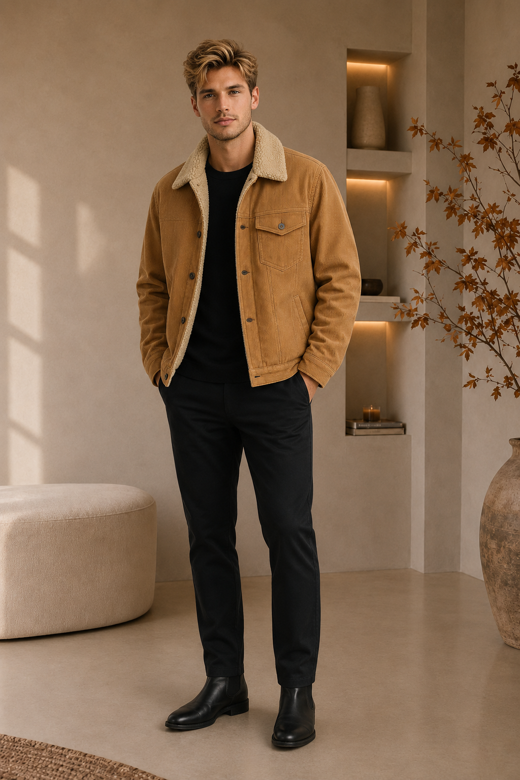 Men's waterproof winter jacket with warm lining and hood in khaki