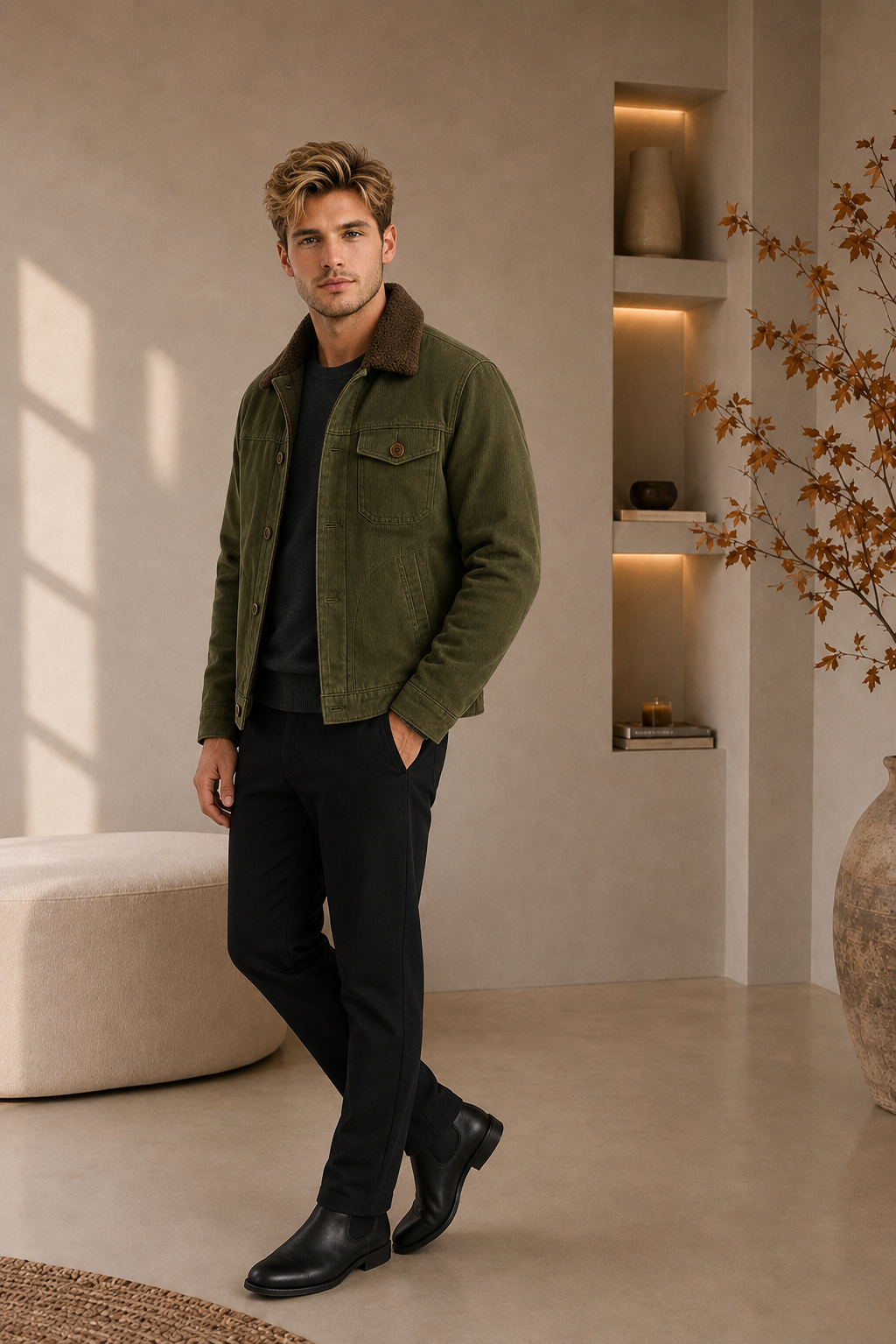 Men's green waterproof winter jacket with hood