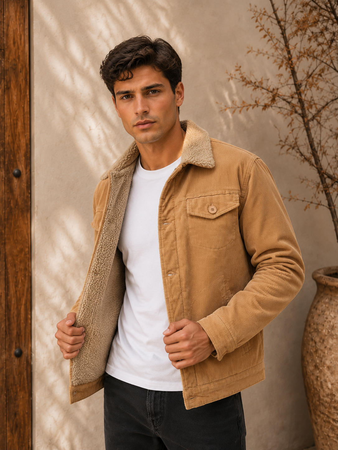 Men's classic lined jacket in camel with button front