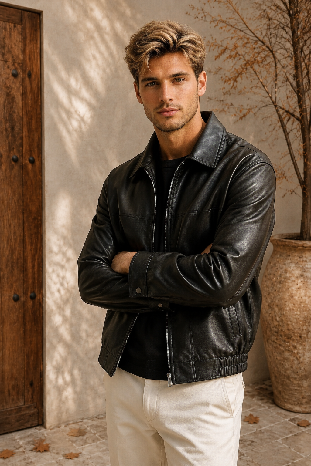 Men's black leather-look jacket front view