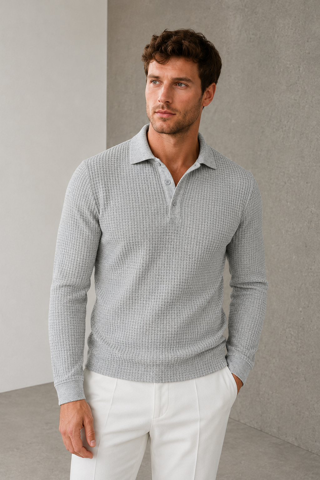 Men's gray long sleeve polo shirt with classic collar