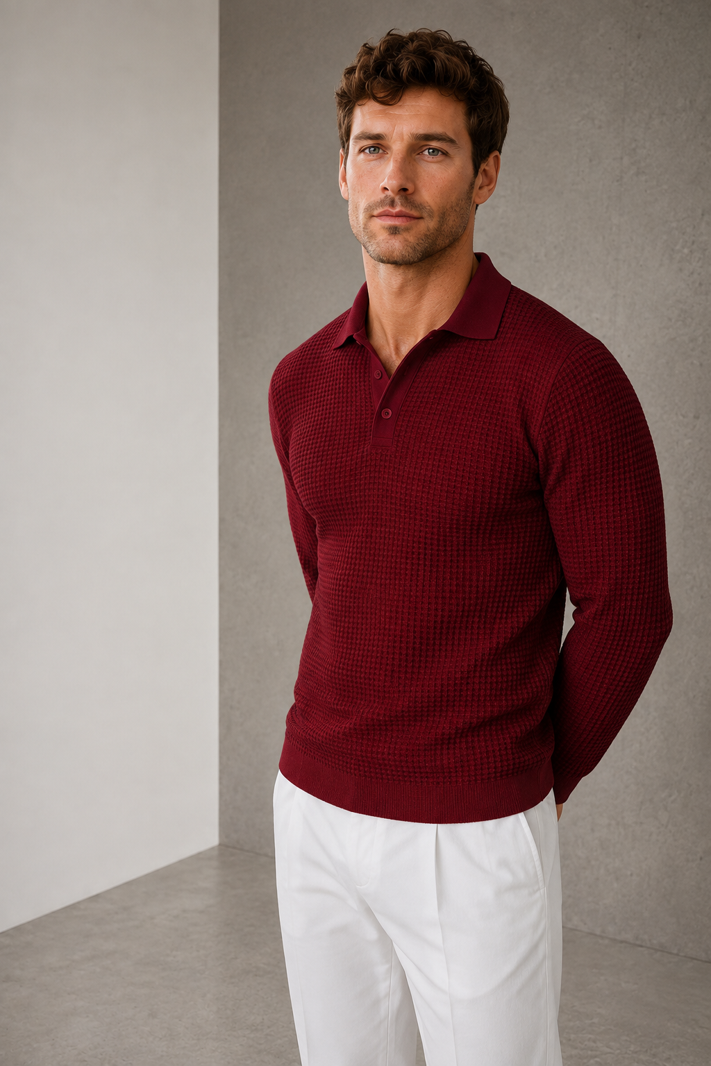 Men's red long sleeve polo shirt with classic collar
