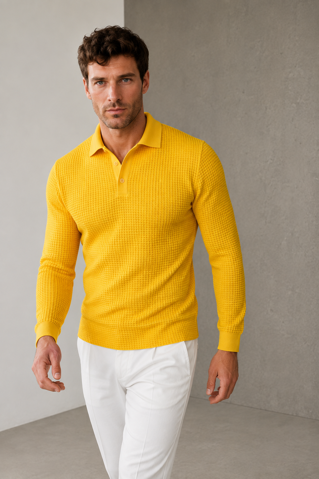 Men's yellow long sleeve polo shirt with classic collar