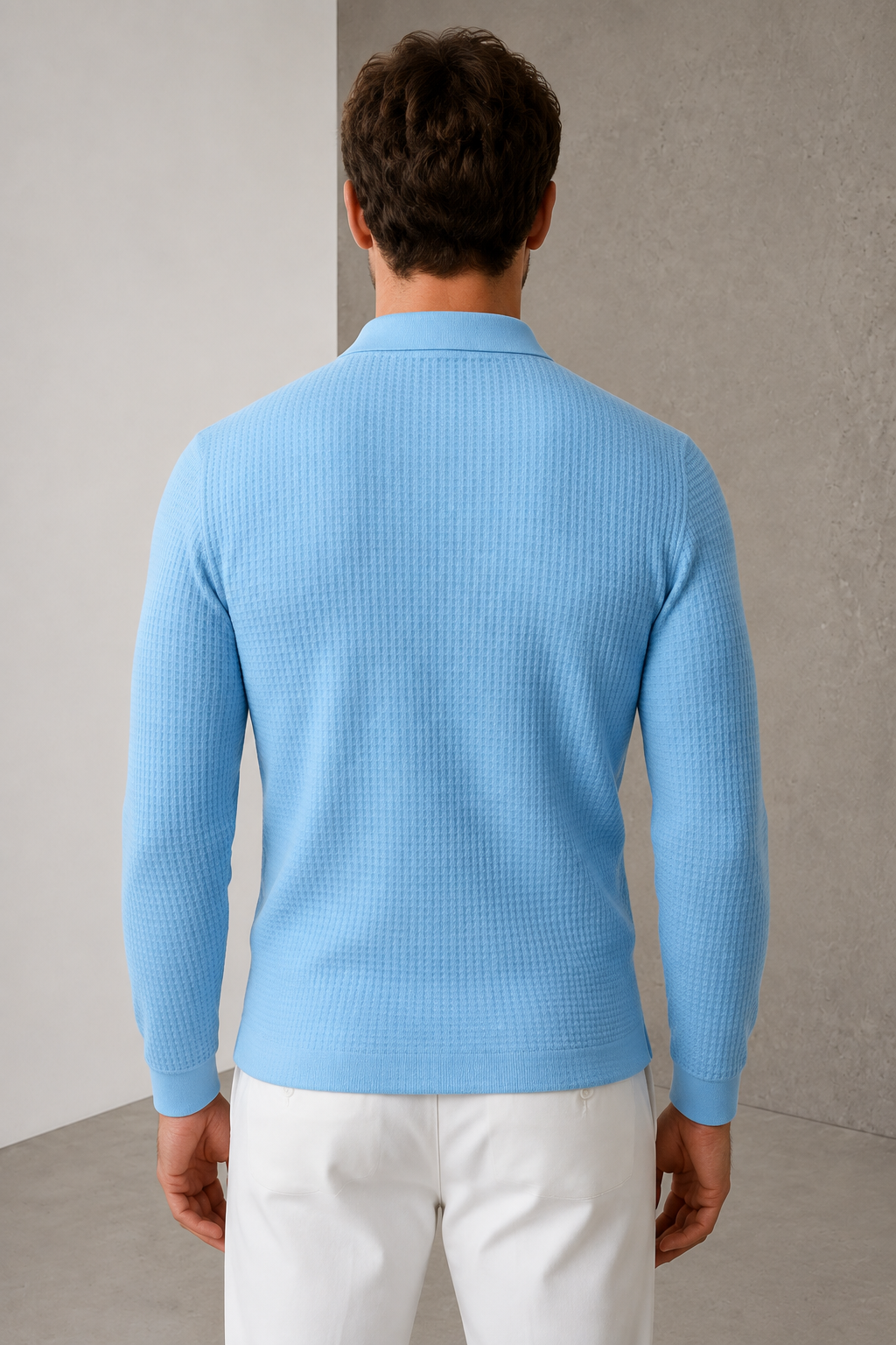 Back view of men's light blue long sleeve polo shirt