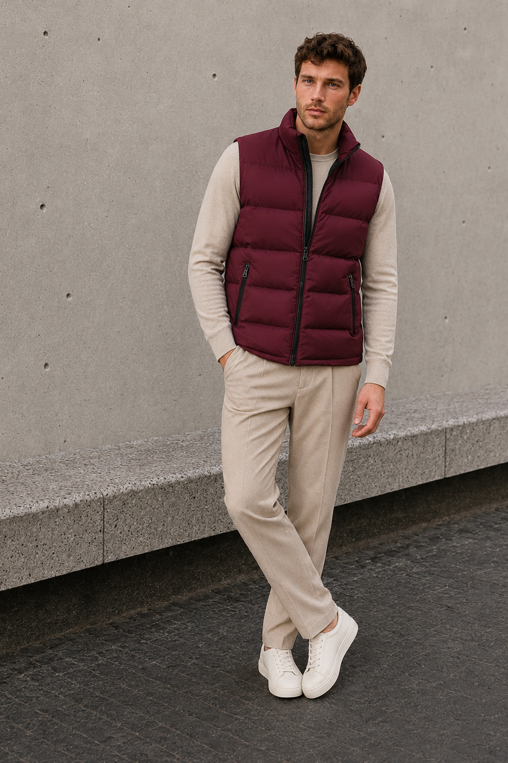 Men's burgundy padded bodywarmer with high collar and zipper pockets