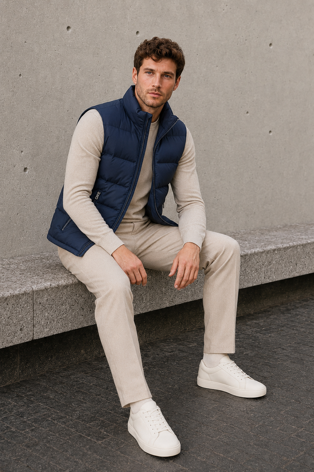Men's blue padded bodywarmer with high collar and zipper pockets