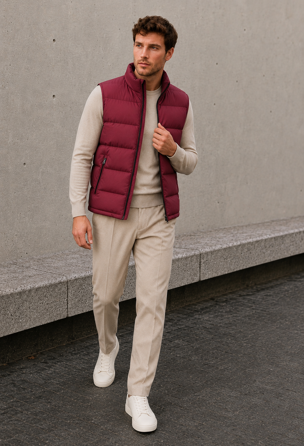 Men's padded bodywarmer shown with sleeveless design and zip pockets