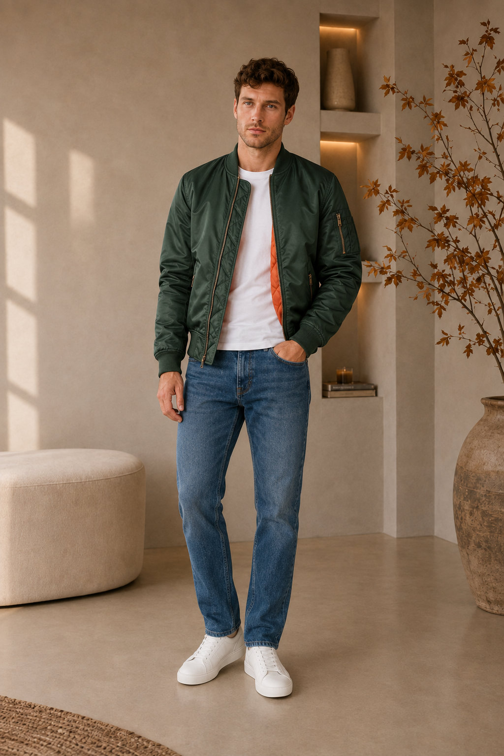 Men's dark green padded bomber jacket with orange quilted lining