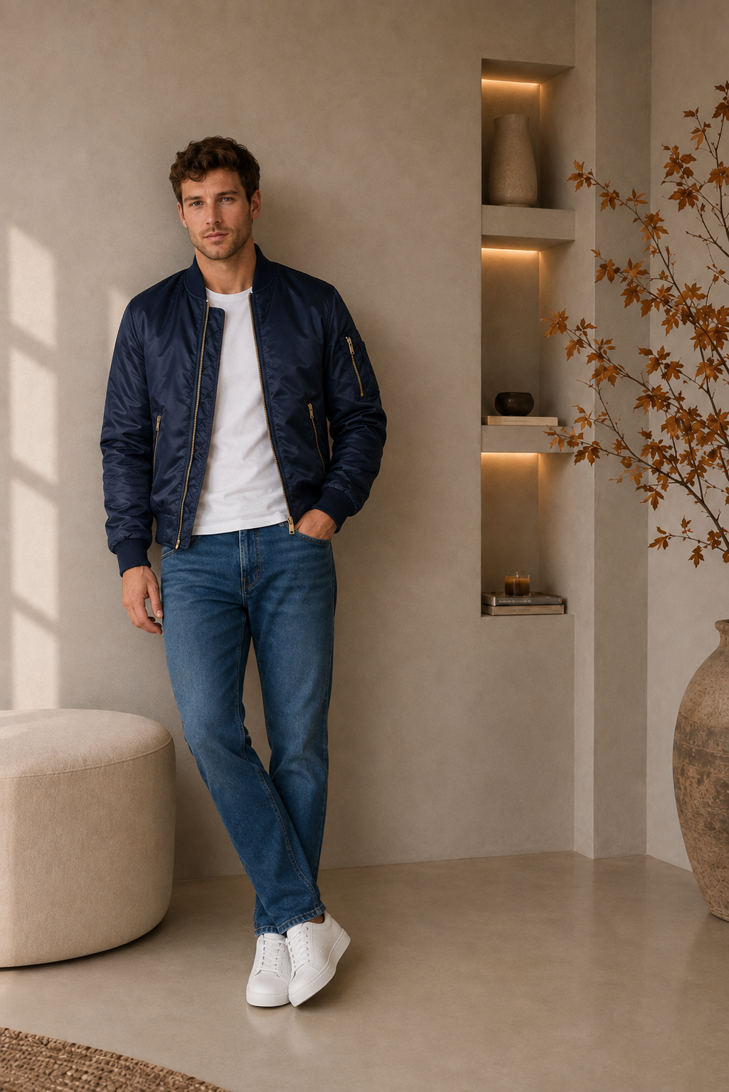 Man wearing a navy blue padded bomber jacket over a white T-shirt