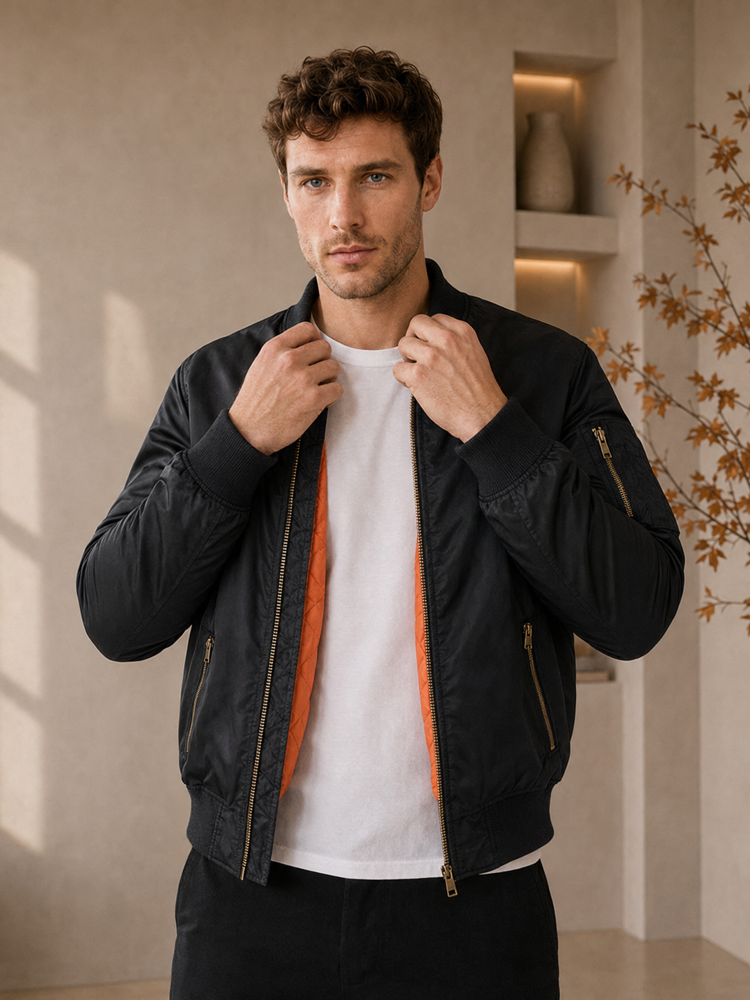 Men's black padded bomber jacket with orange quilted lining