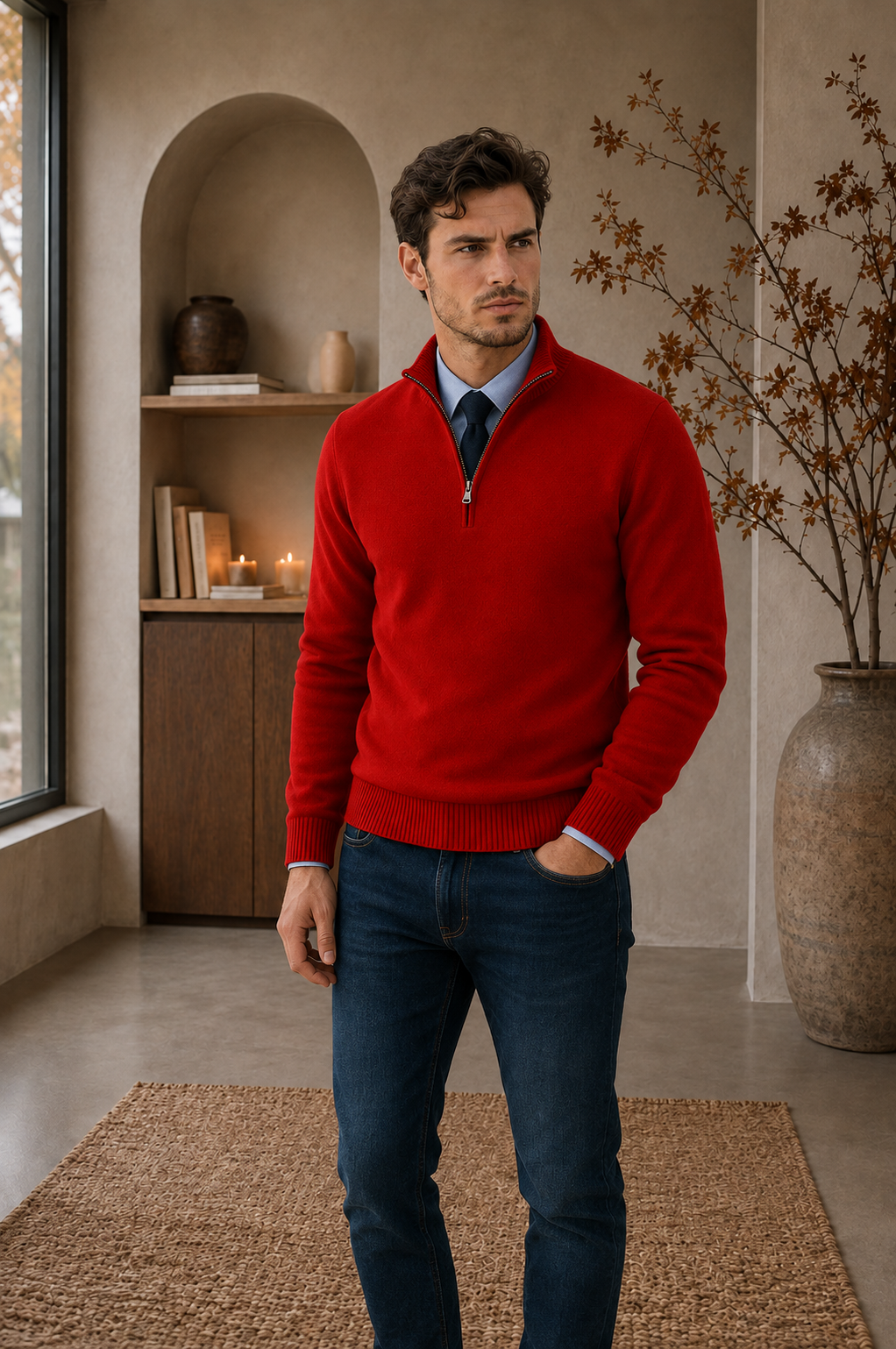 Men's red half-zip sweater regular fit