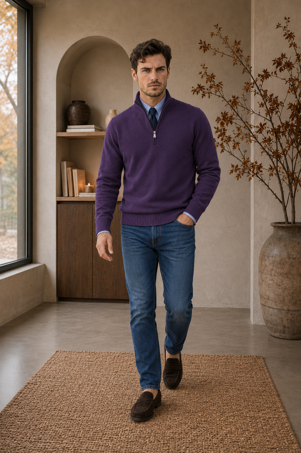 Men's purple half-zip sweater regular fit