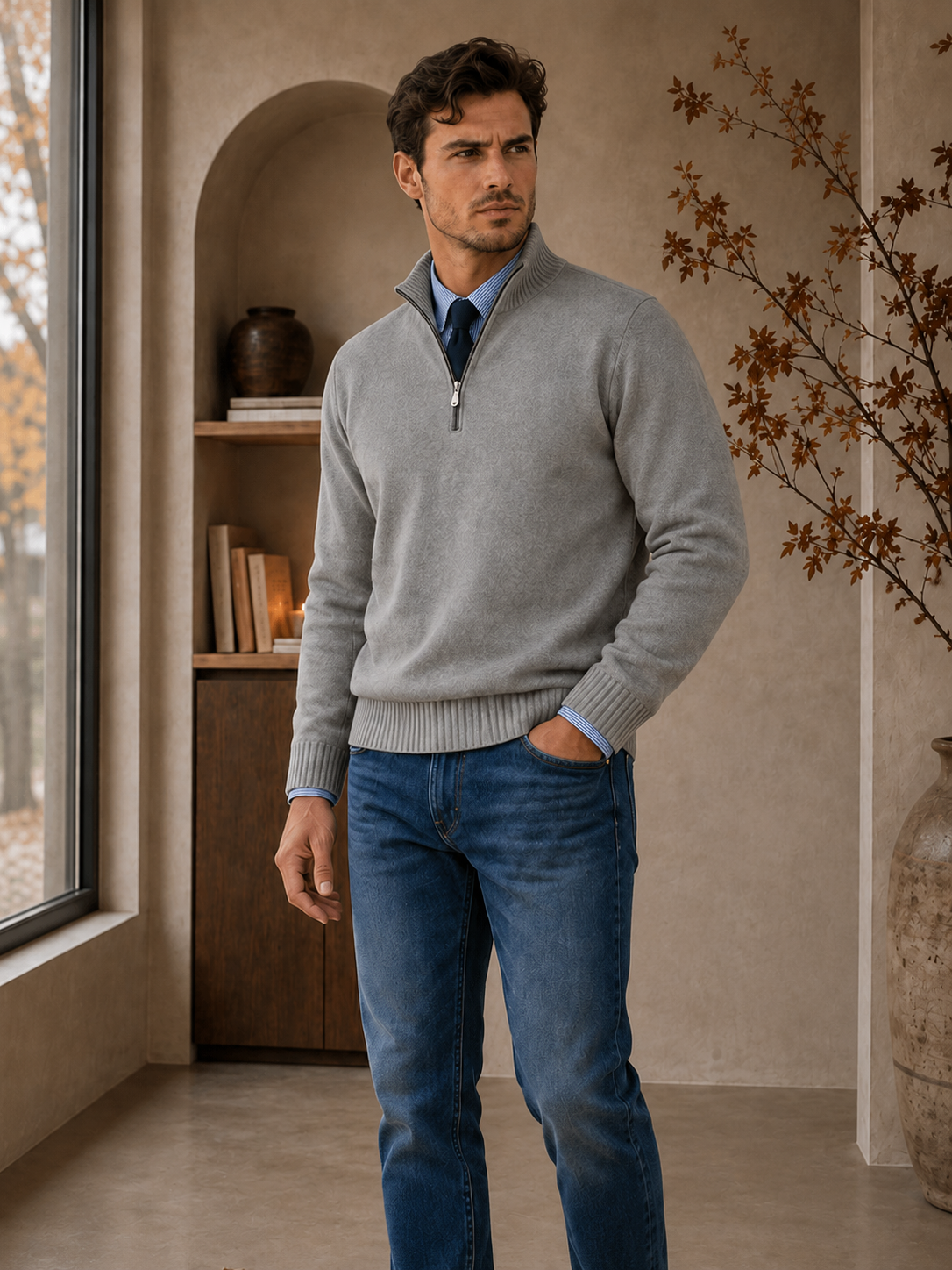 Men's gray half-zip sweater regular fit